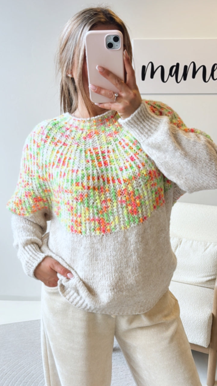farbenfroher Strick Pullover - hochgeschlossen / beige - neon Art. 8823