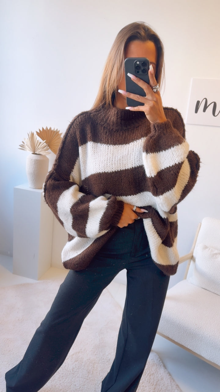 STREIFEN Ultra Oversize Kuschel - Pullover / Schoko braun - wollweiss Art. 12775