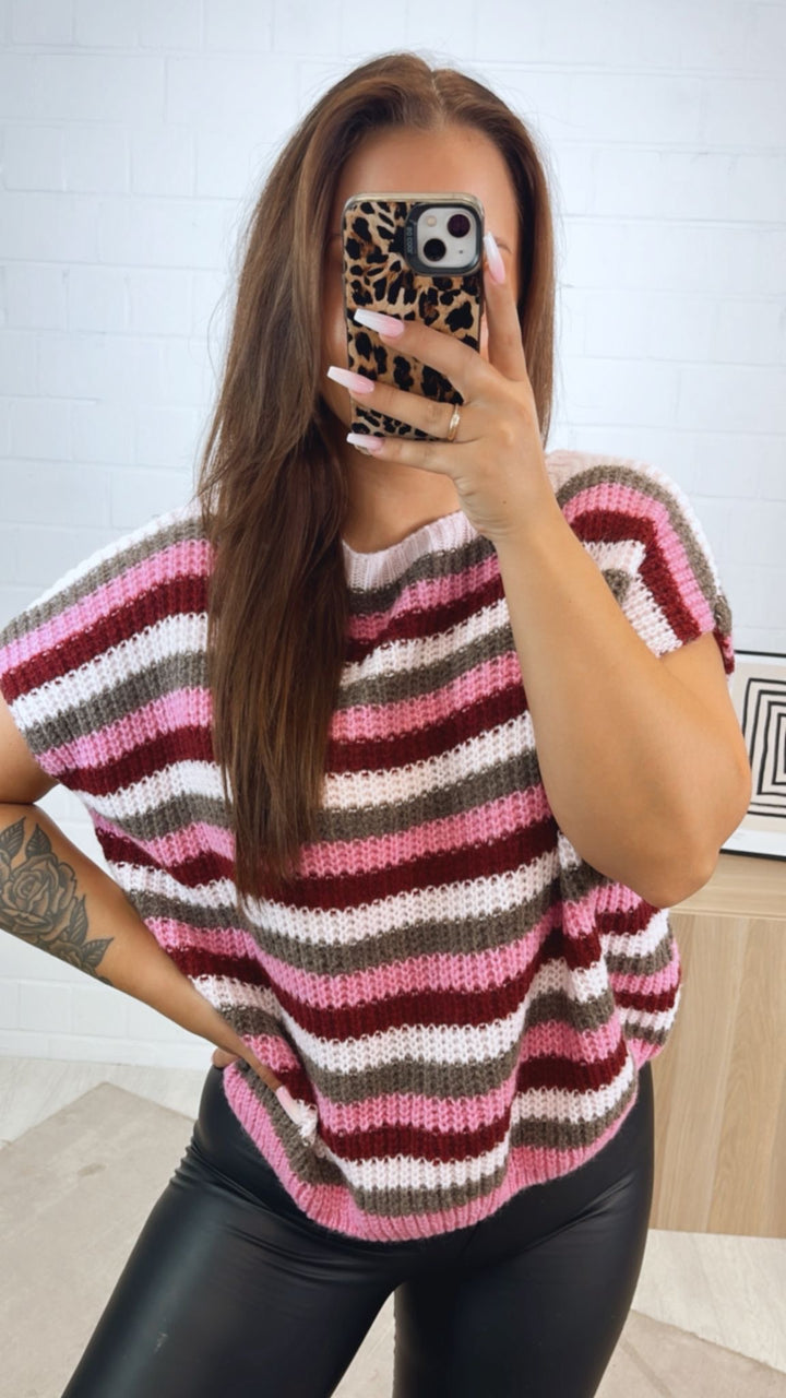 Strickpullunder im Farbmix / bordeaux - weiß - schlamm - pink Art.122352