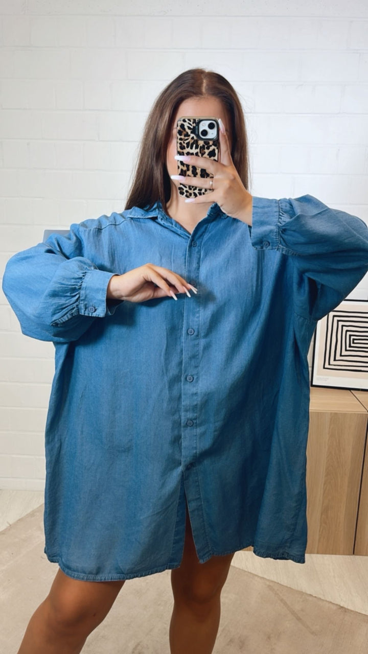 LANGE Oversize Bluse in Denim Optik DUNKEL Art.12298