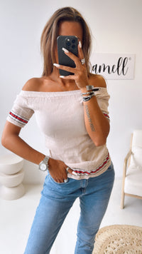 Off - Shoulder Baumwoll Oberteil, Streifen / beige Art. 10522