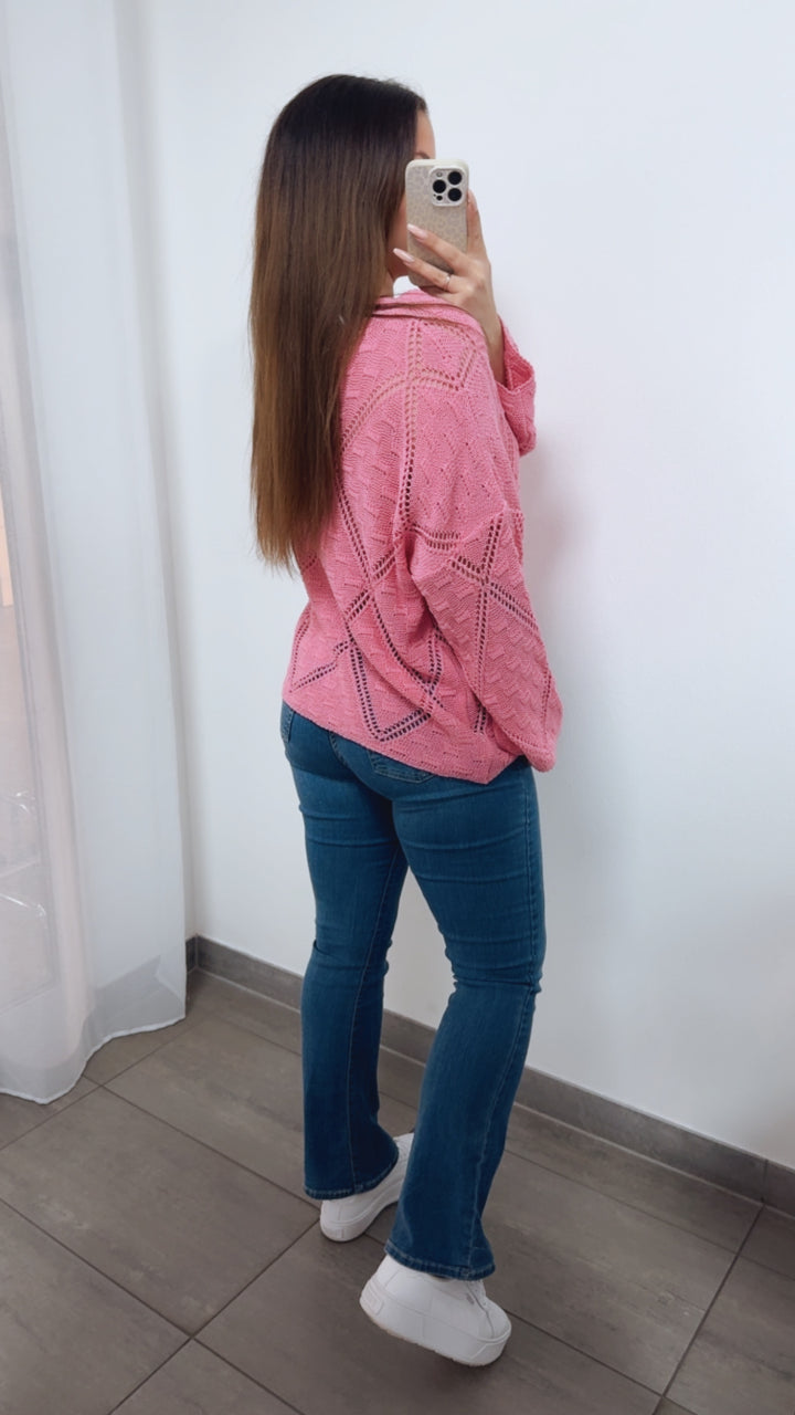 Lochmuster Pullover mit V-Ausschnitt / pink Art. 14485