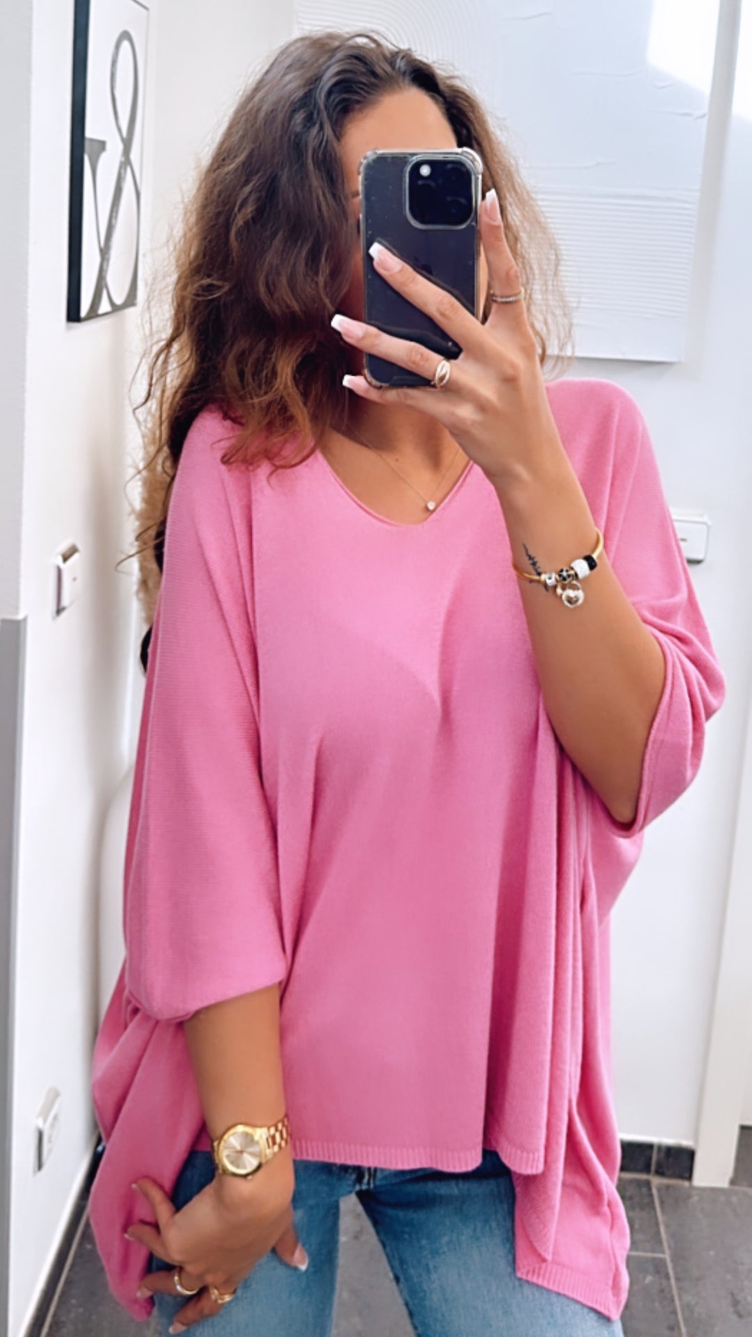 leichter Pullover mit kurzen Fledermausärmeln / pink-Beere  Art. 5916
