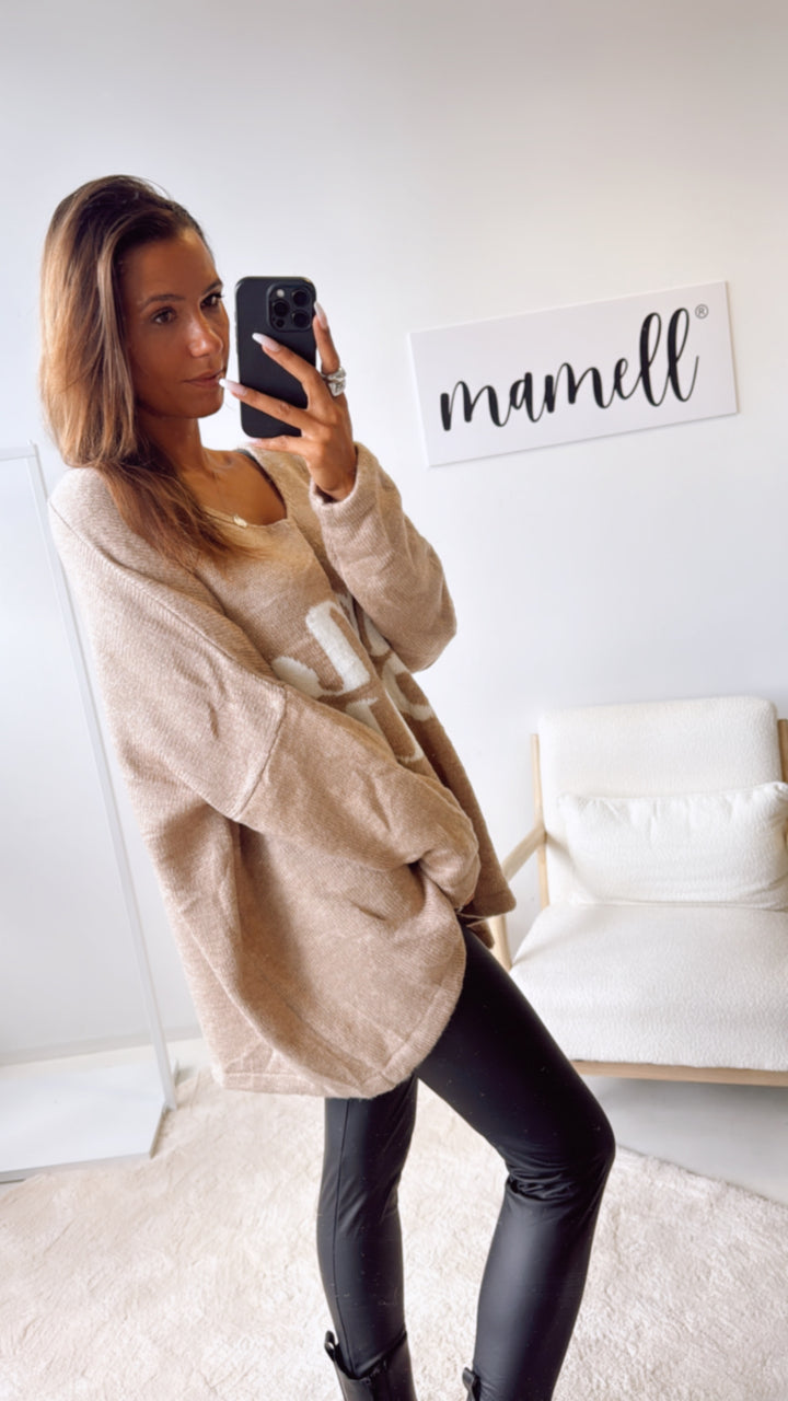 ultra oversize Strick Pullover " Amour " / camel - woll weiß Art. 122318