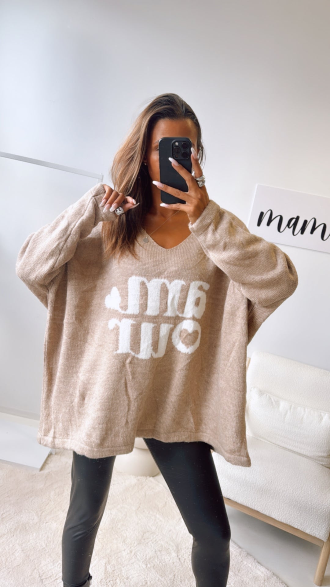 ultra oversize Strick Pullover " Amour " / camel - woll weiß Art. 122318