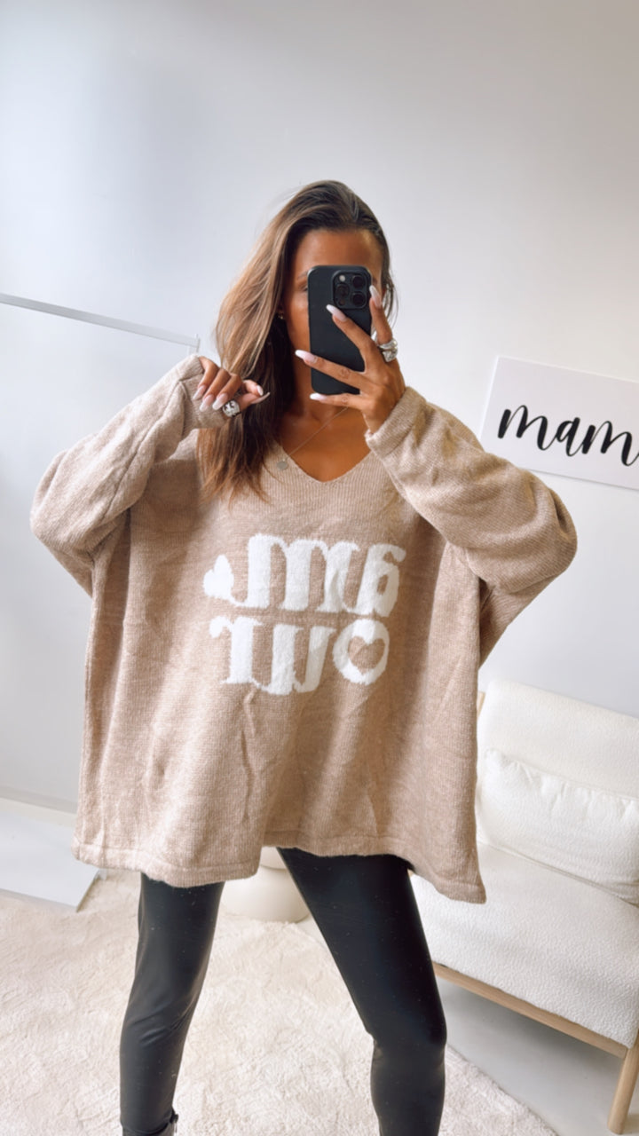 ultra oversize Strick Pullover " Amour " / camel - woll weiß Art. 122318