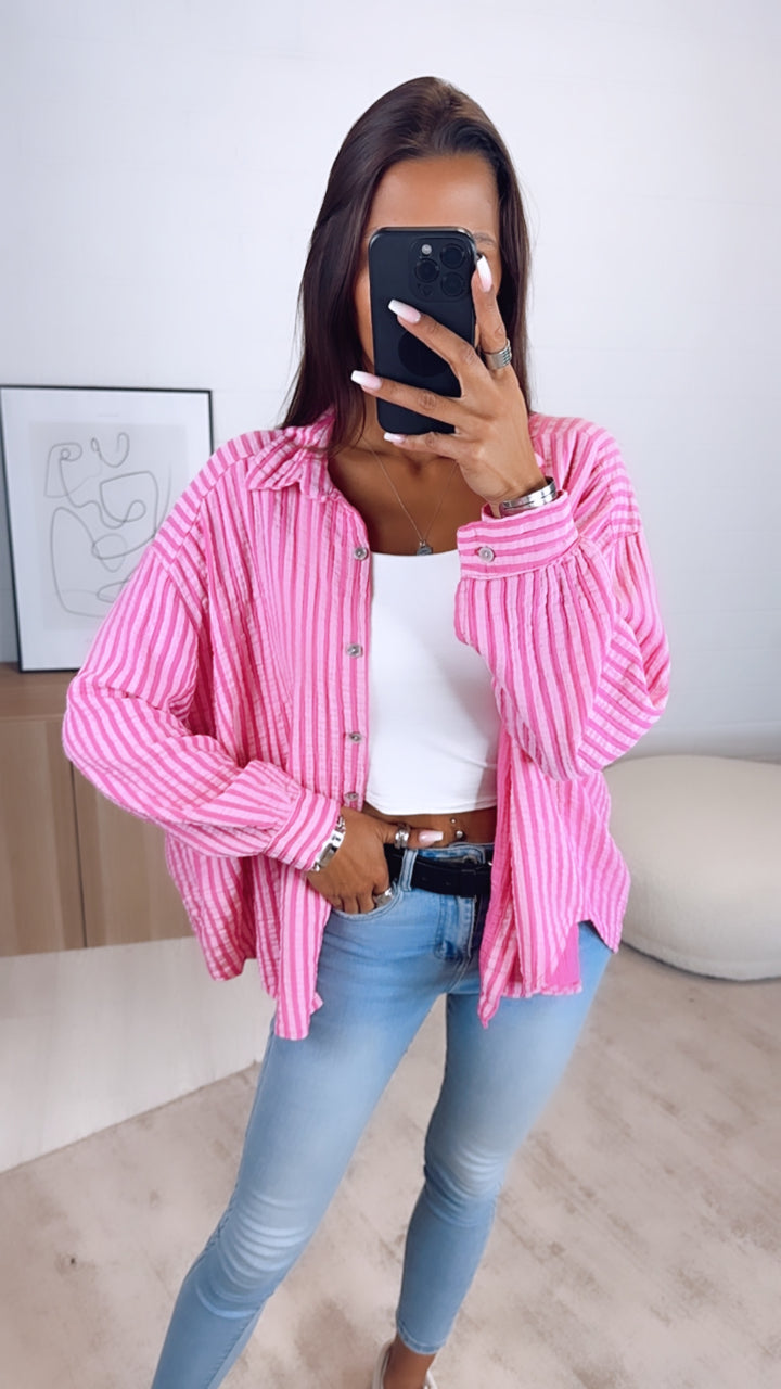 KURZE Oversize Musselin Bluse, breite Streifen / pink - rosa Art. 6518