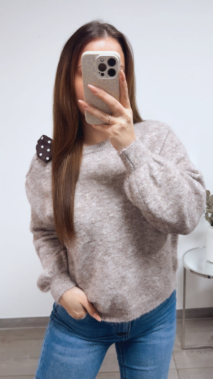 ONE SHOULDER Pullover, Punkte Schleife / taupe - creme meliert Art. 13815