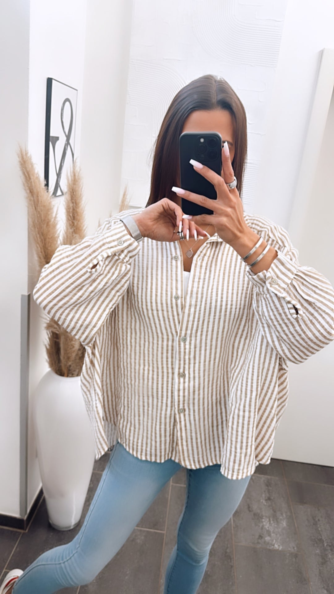 KURZE Oversize Musselin Bluse mit Streifen / weiss - dunkel beige Art. 5696