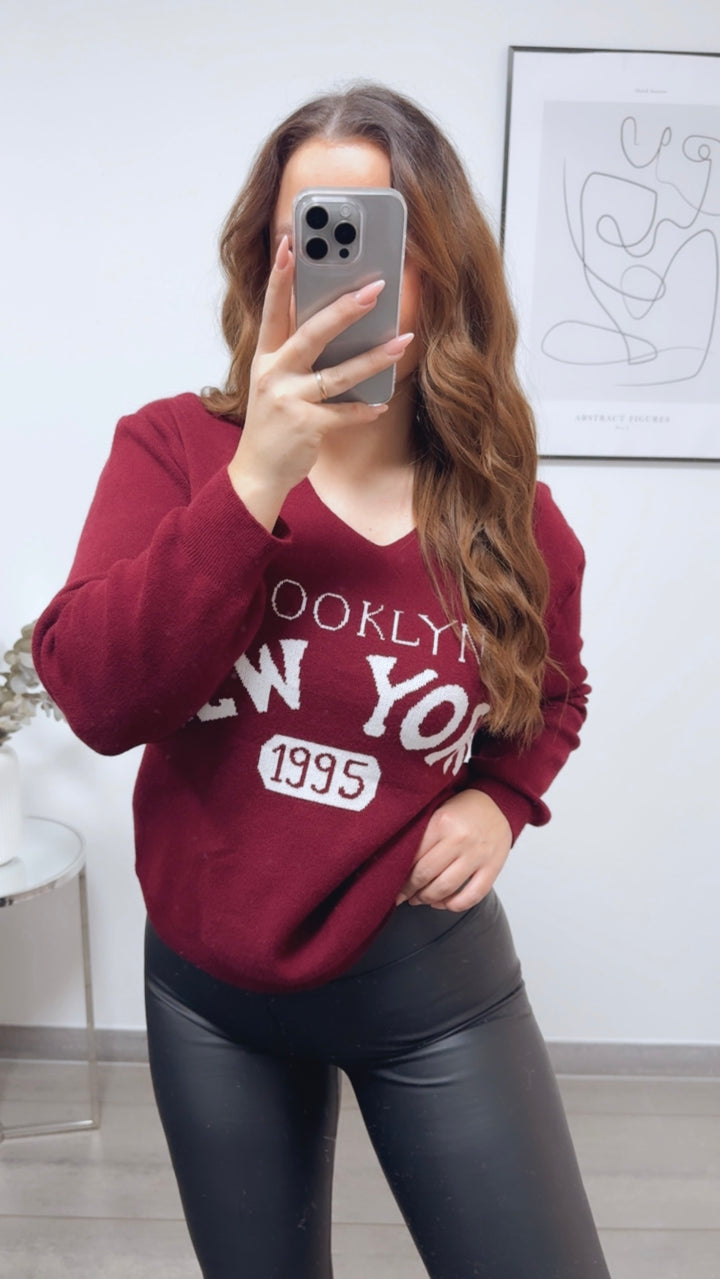 weicher Strick Pullover " New York " / bordeaux rot - weiss Art. 13146