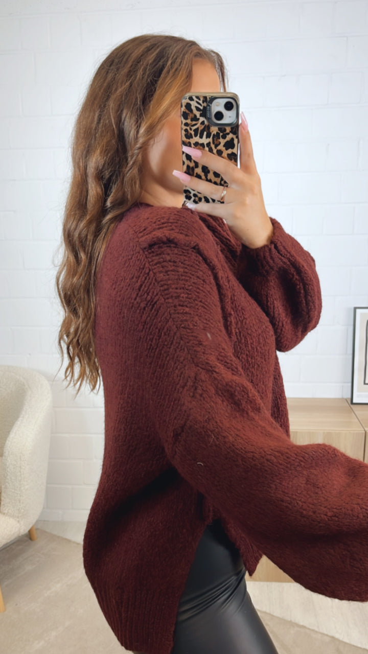 Strick Pullover, zweifacher Schlitz auf Vorderseite / bordeaux rot Art. 12507