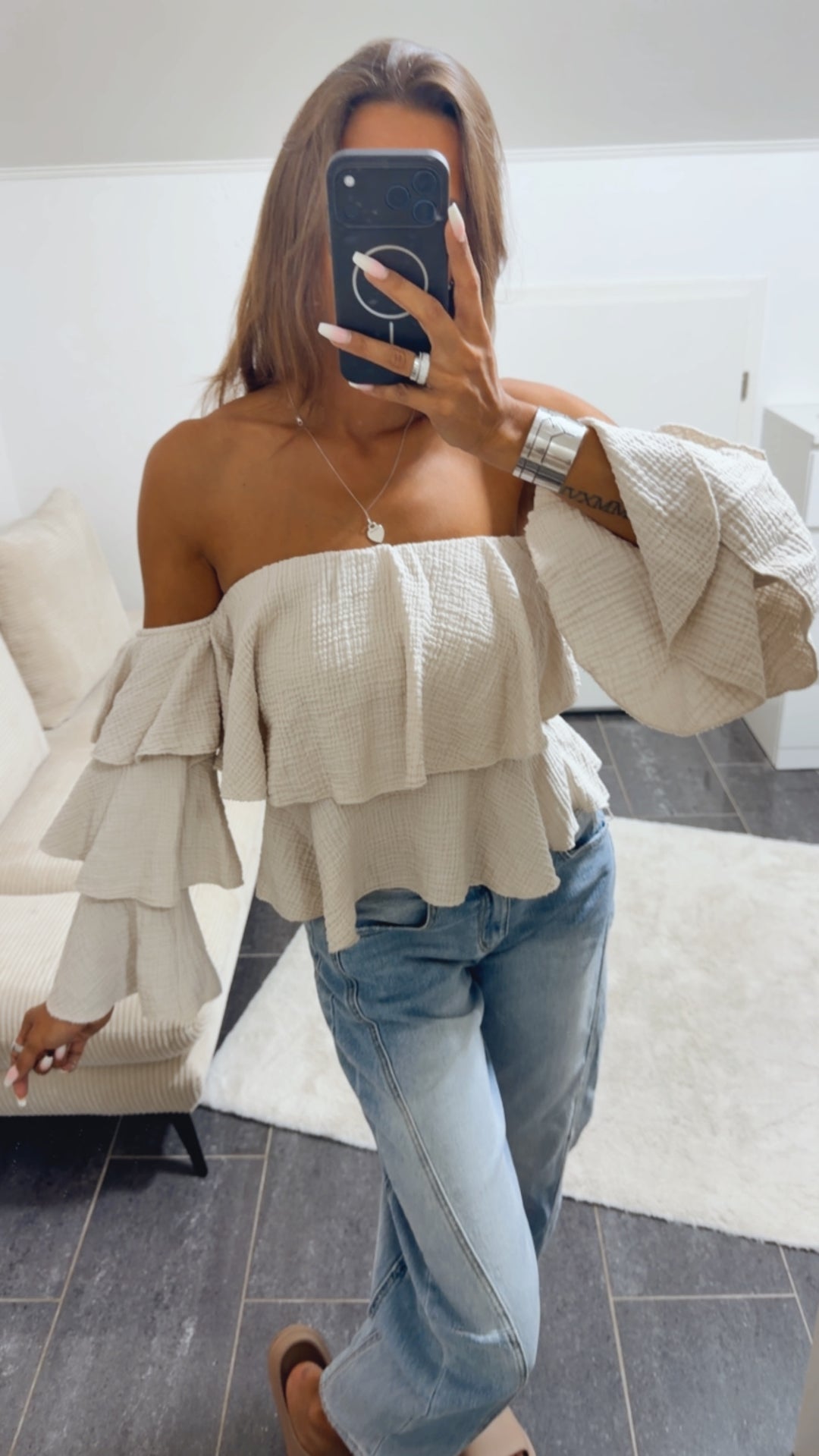Musselin Off-Shoulder Oberteil, Volant / beige Art. 15661