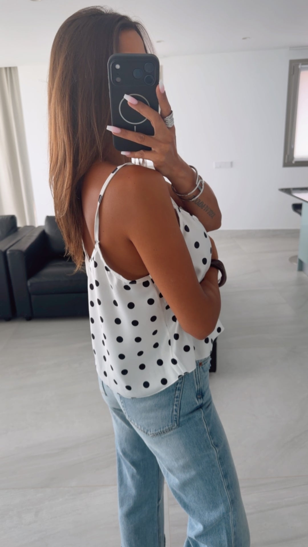 PUNKTE Satin Look Top / weiss - schwarz Art. 15945