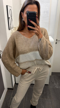 Wollfreier Blockstreifen Pullover / beige  - weiß - creme Art.16563