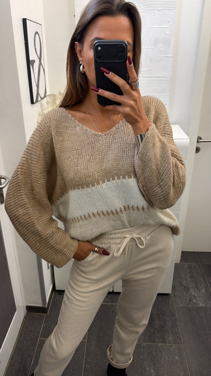 Wollfreier Blockstreifen Pullover / beige  - weiß - creme Art.16563