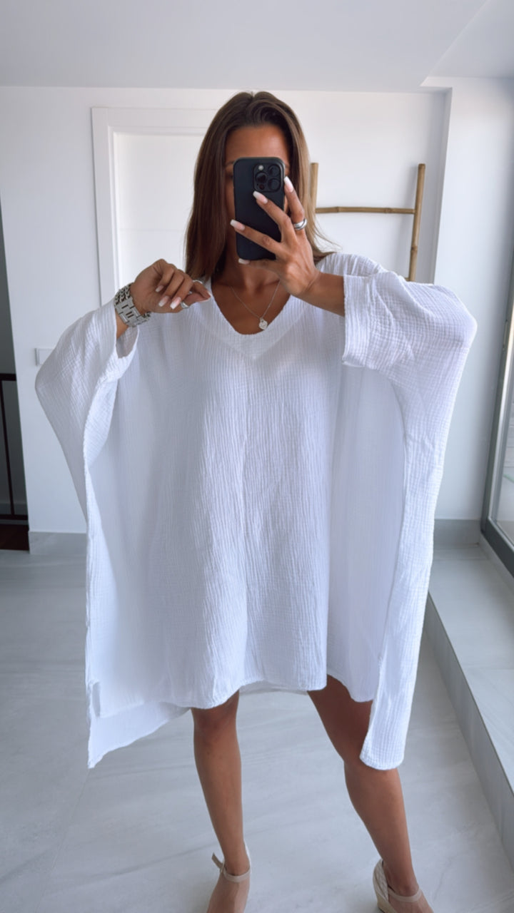 Musselin Ultra Vokuhila Long Bluse / weiss Art. 9777