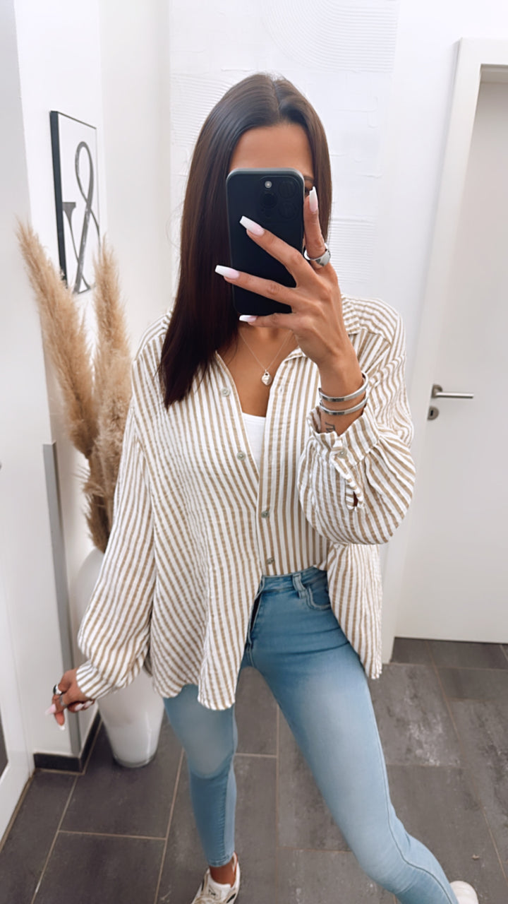 KURZE Oversize Musselin Bluse mit Streifen / weiss - dunkel beige Art. 5696