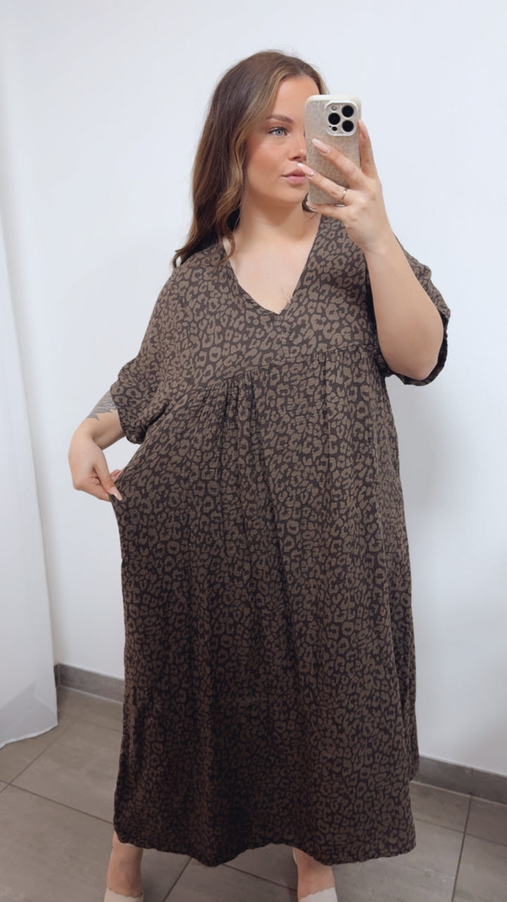 LEO langes Musselin Kleid, kurze Ärmel / dunkel braun - taupe Art. 14688