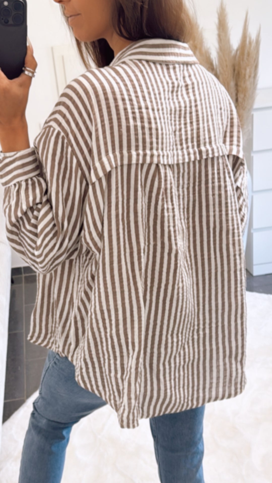 KURZE Oversize Musselin Bluse mit Streifen / braun - beige Art. 9327