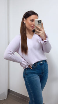 RÜSCHENÄRMEL Leichter Strickpullover mit V-Ausschnitt / soft flieder Art. 14325