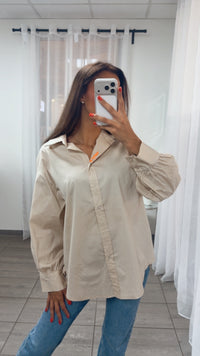 Oversize Blusen Hemd mit Statement - Stickerei / beige Art. 15554