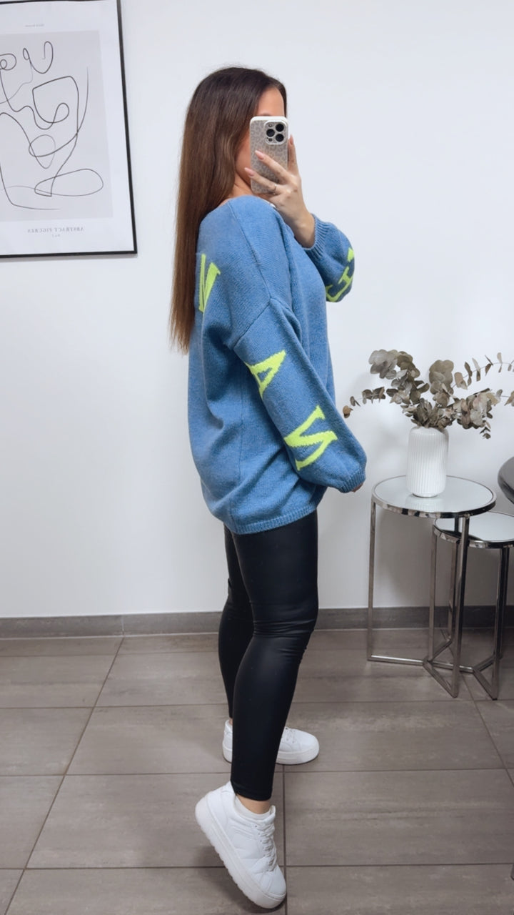 Strick Pullover "Namaste" / Denim Blau - Neon gelb Art. 13337