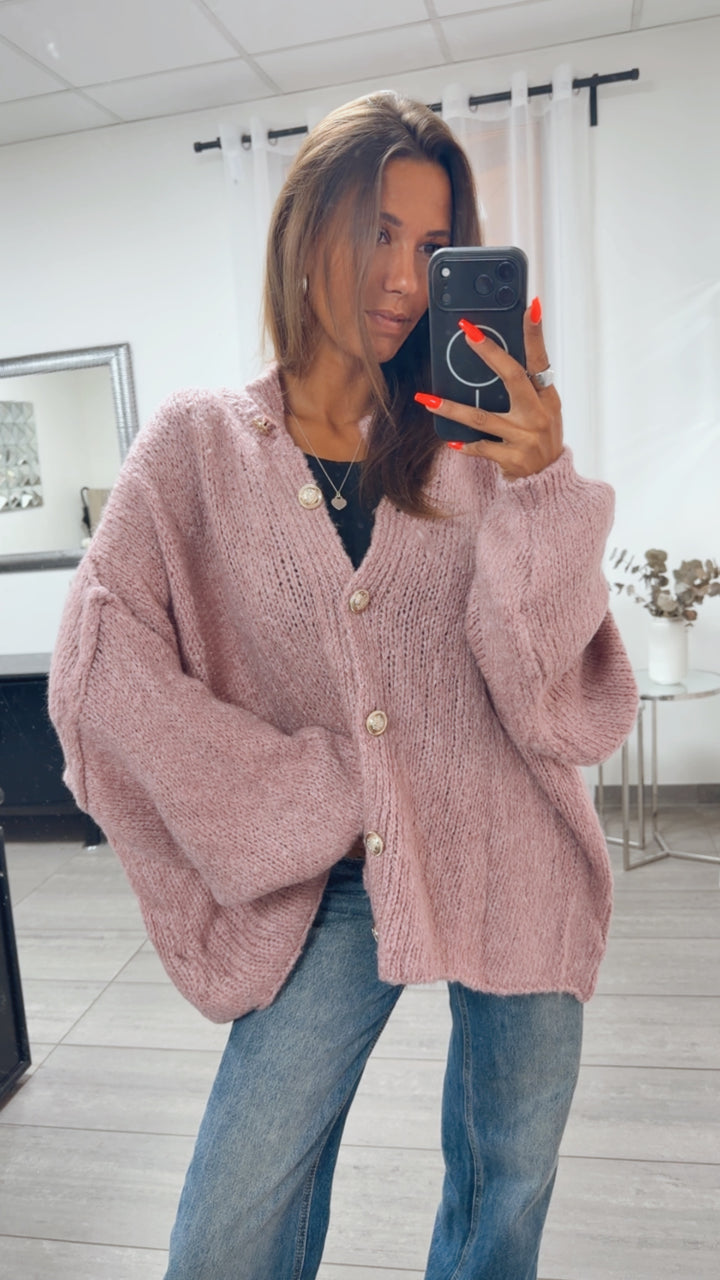 Kuschel Cardigan mit goldenen Knöpfen / altrosa - beere Art. 7451