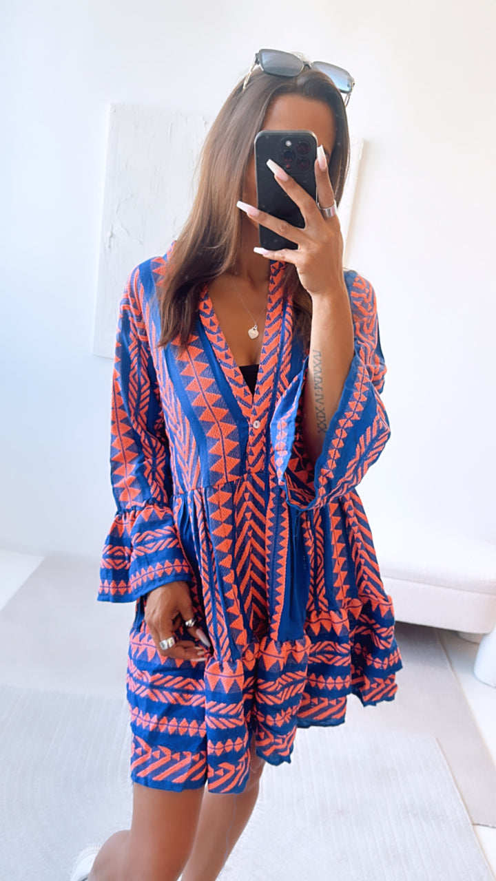 Tunika Kleid mit ausgefallenem Muster, eckige Formen / royal blau - kräftiges orange Art. 6707