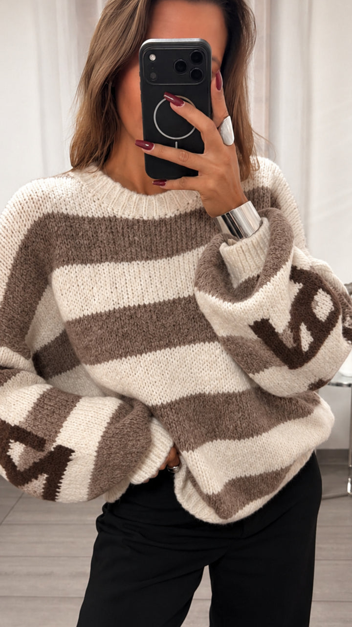 STREIFEN Strick Pullover mit Statement Rückseite / aschiges braun - creme - braun Art. 16497