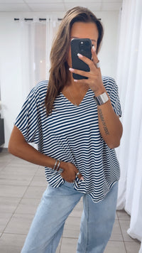 STREIFEN T-shirt Oberteil mit V-Ausschnitt / weiss - dunkel blau  Art.14538