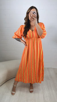 STREIFEN (Midi-) Musselin Kleid, V-Ausschnitt, 3/4 - Ärmel / helle beere - neon orange - gelb Art. 10006