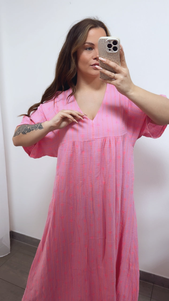 SCHLEIFEN - STREIFEN langes Musselin Kleid, kurze Ärmel / rosa - Neon pink - orange Art. 14691