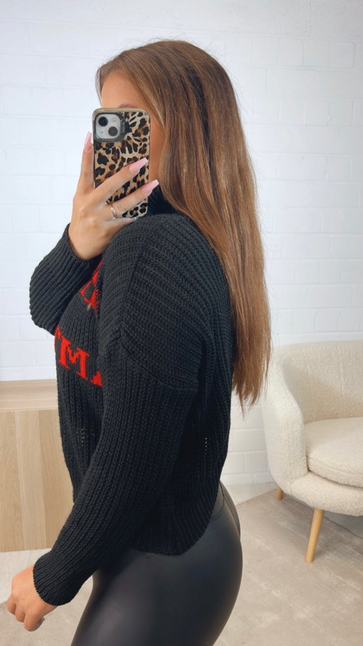 leichter Rollkragen Pullover "Merry Christmas" / schwarz - rot Art. 12626