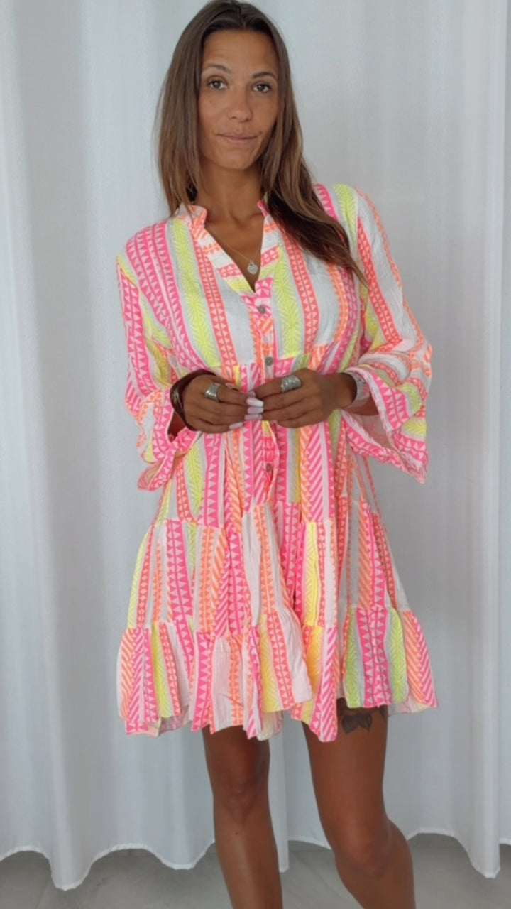 Musselin Kleid / Tunika mit Muster / weiss - neon gelb - neon pink - orange Art. 15257
