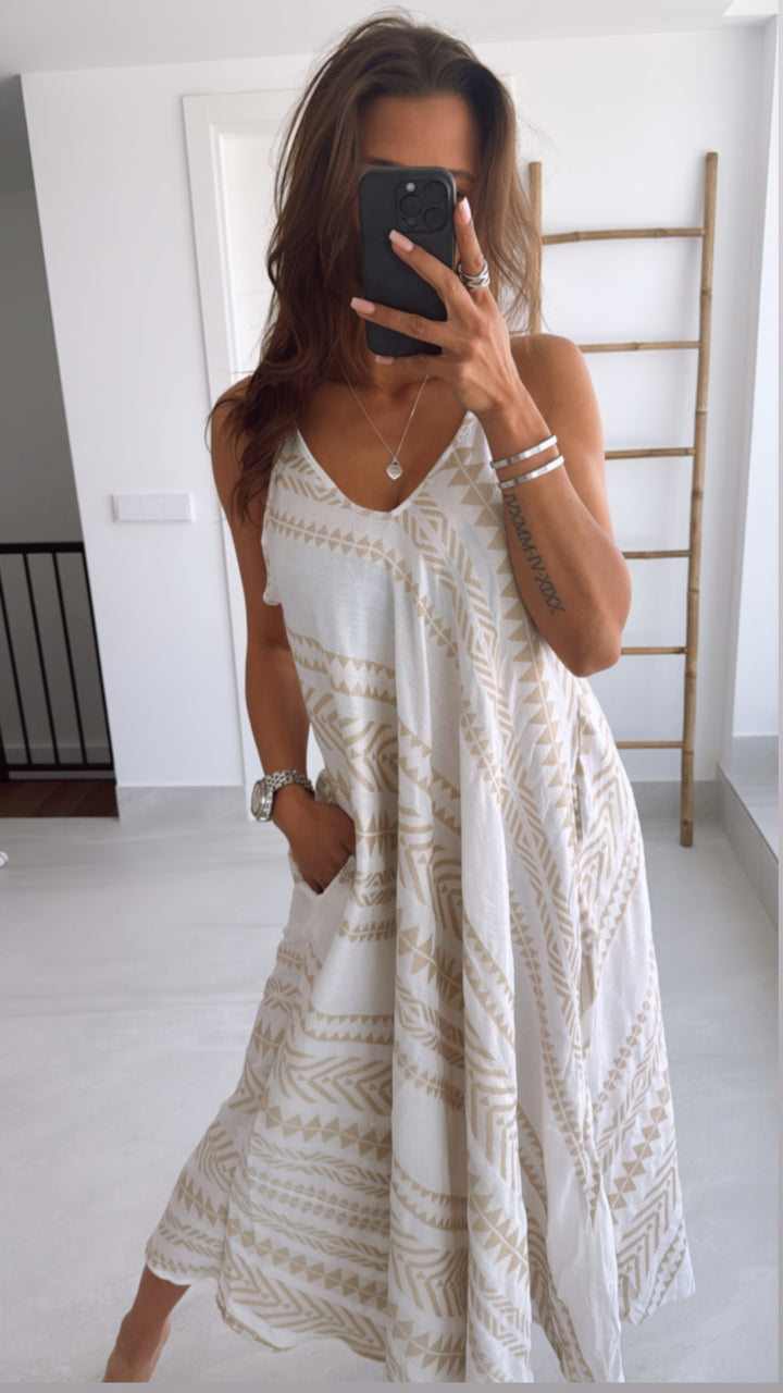 (Maxi-) PREMIUM Summer Vibe Kleid / Hängerchen / weiss - beige Art. 9573
