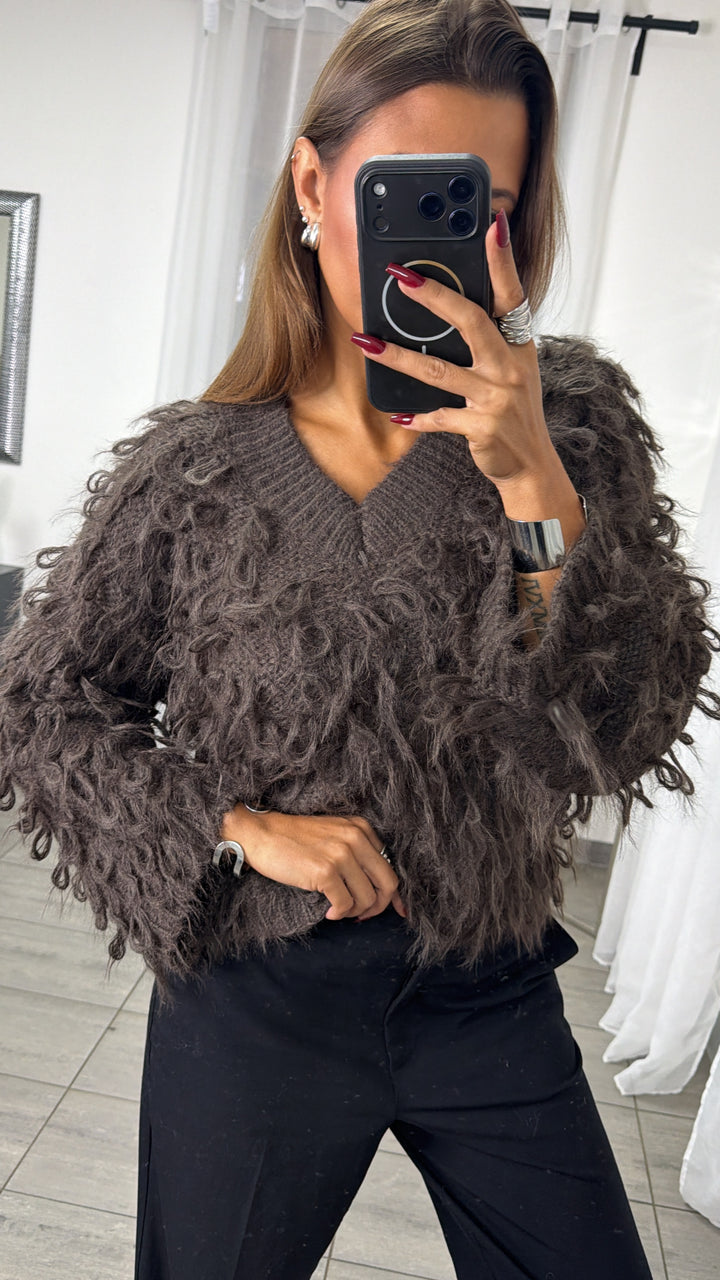 highlight Pullover mit Schlaufen Struktur, V-Ausschnitt / braun Art. 16406