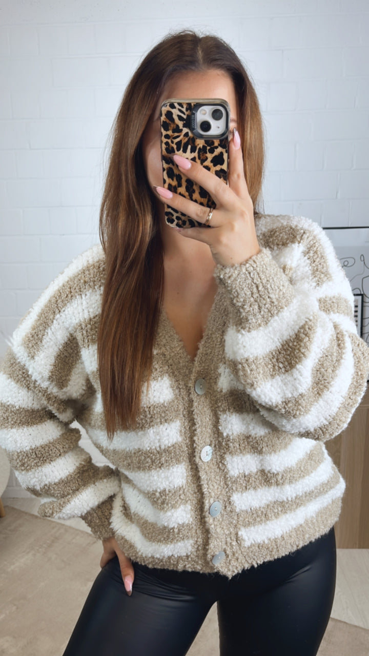 TEDDY STREIFEN Cardigan mit Perlmutt Knöpfen / beige - weiß Art. 12969