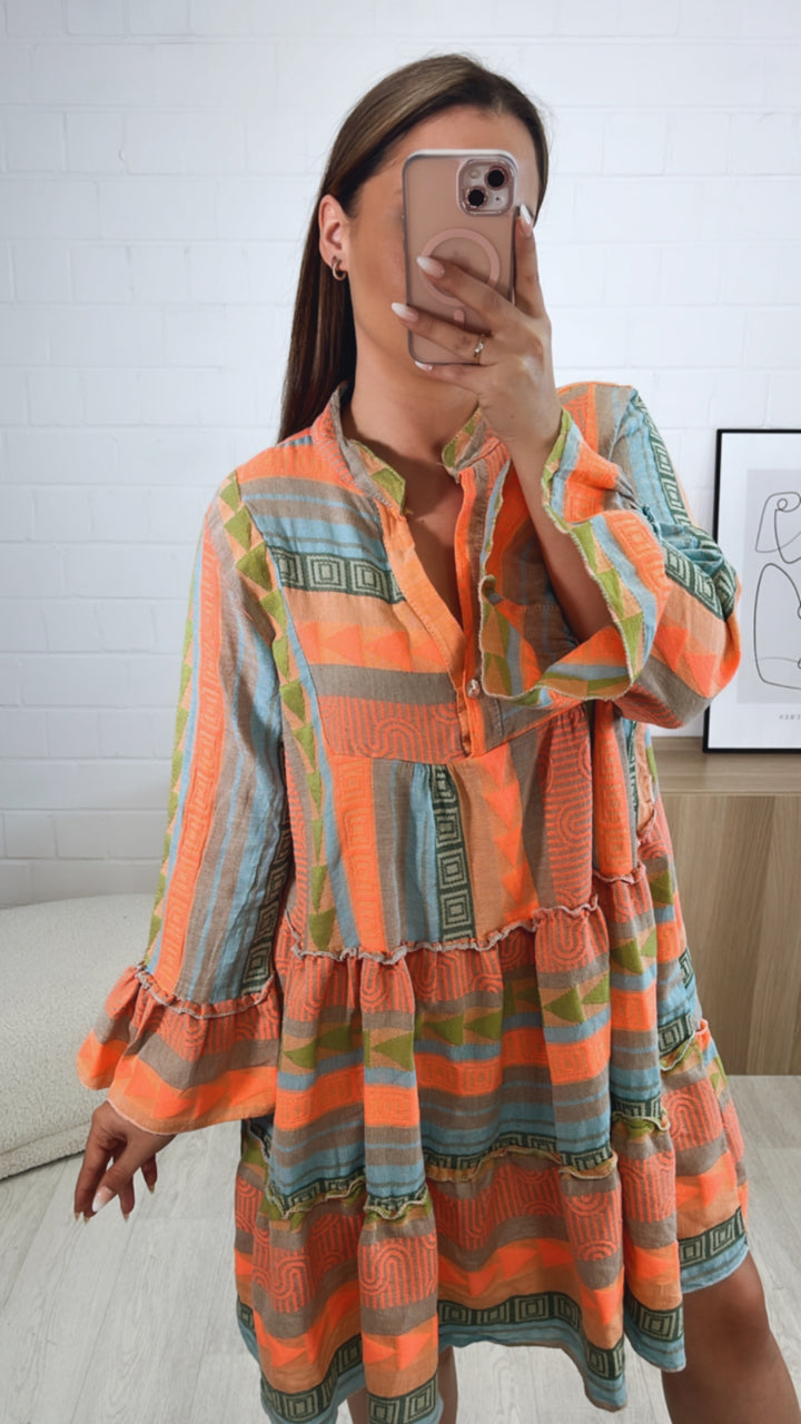 Tunika / Kleid in sommerlichem Muster und Farben / neon coral - blau - grün - taupe Art. 9529