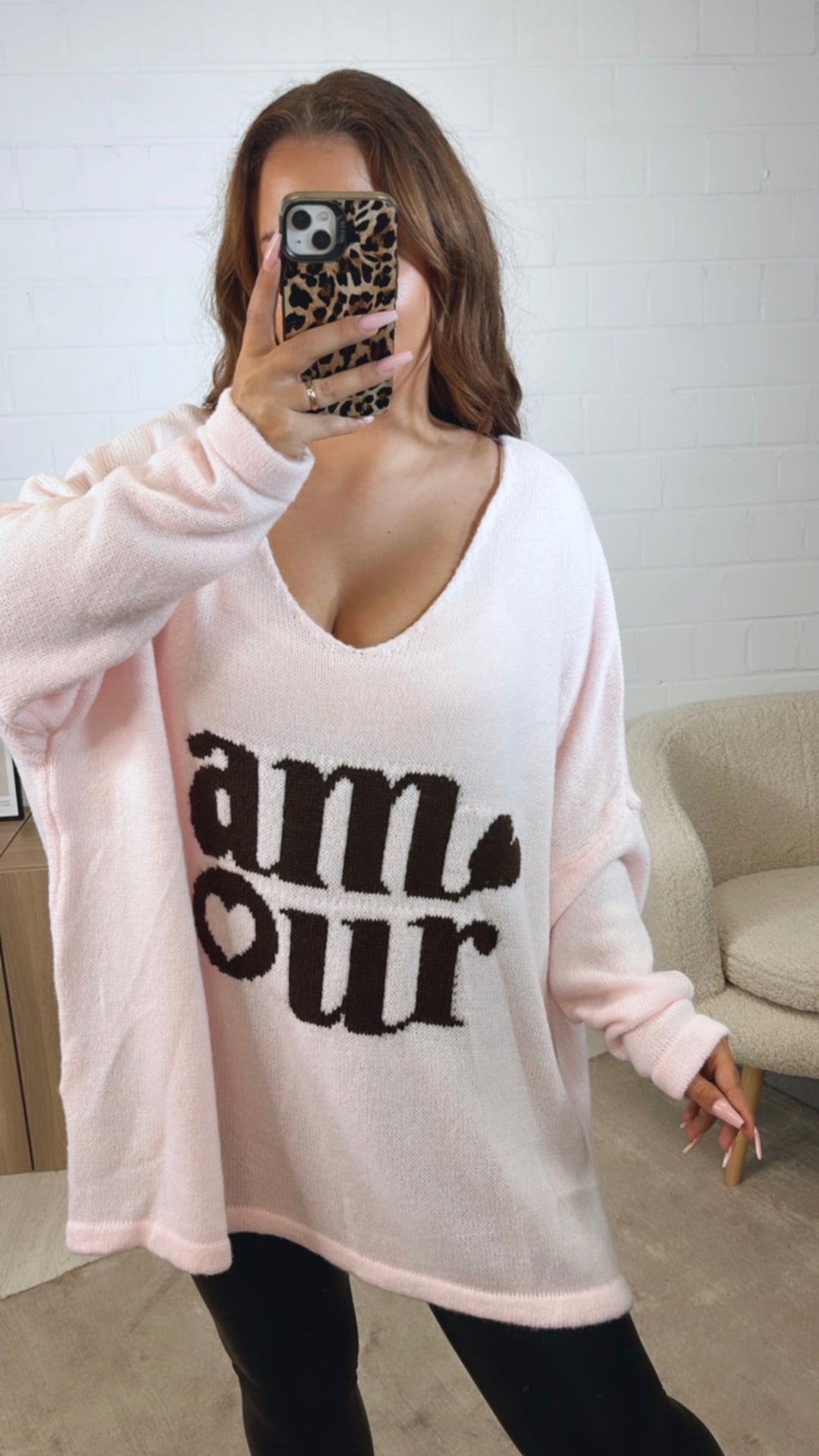 weiter Strick Pullover " Amour " / soft rosa - dunkel braun Art. 12515