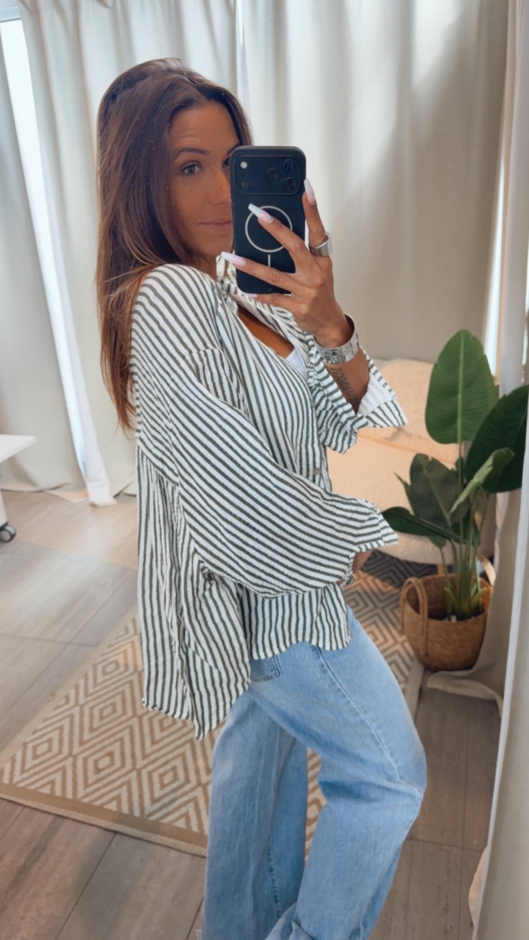 STREIFEN KURZE Oversize Musselin Bluse / weiss - olive Art. 15256
