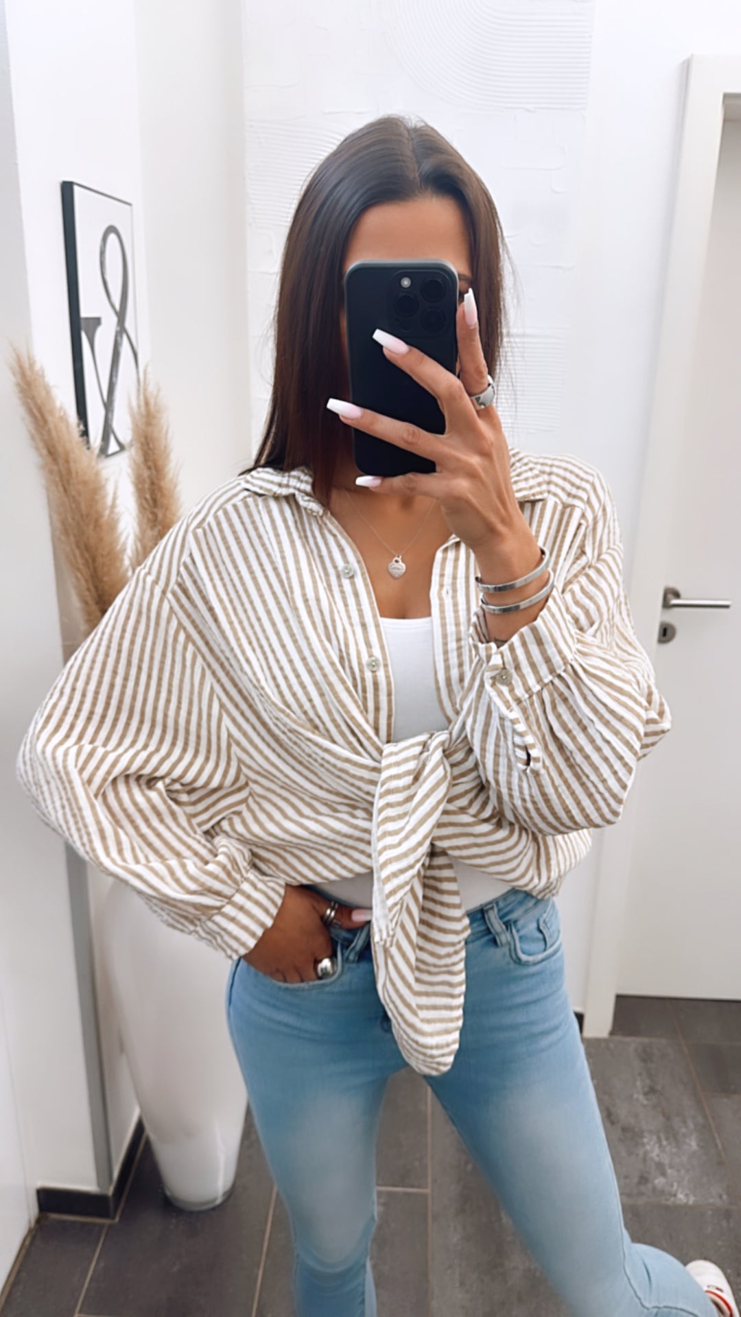 KURZE Oversize Musselin Bluse mit Streifen / weiss - dunkel beige Art. 5696