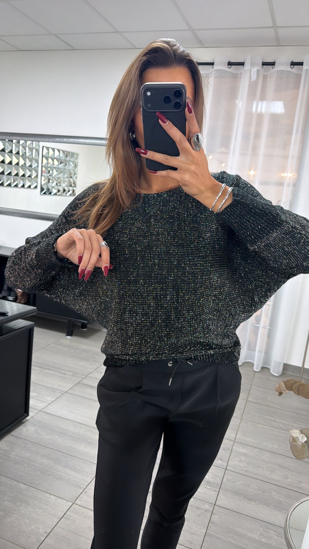 GLITZEREFFEKT Fledermaus Pullover / schwarz - silber Art. 16767