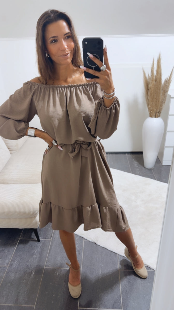 MIDI Off Shoulder Kleid mit Bindegürtel / taupe Art. 15016