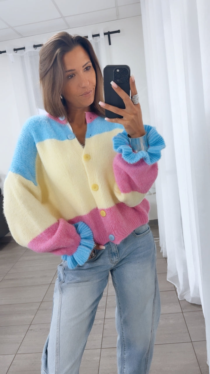 VOLANT ÄRMEL Cardigan, gestreift / pink - blau - gelb Art. 14154