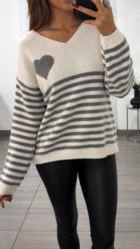 STREIFEN + HERZ Strick Pullover, V-Ausschnitt / creme - grau Art. 16584