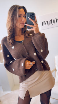 HERZKNÖPFE Cardigan mit Herzen / schoko braun - weiss Art. 12882