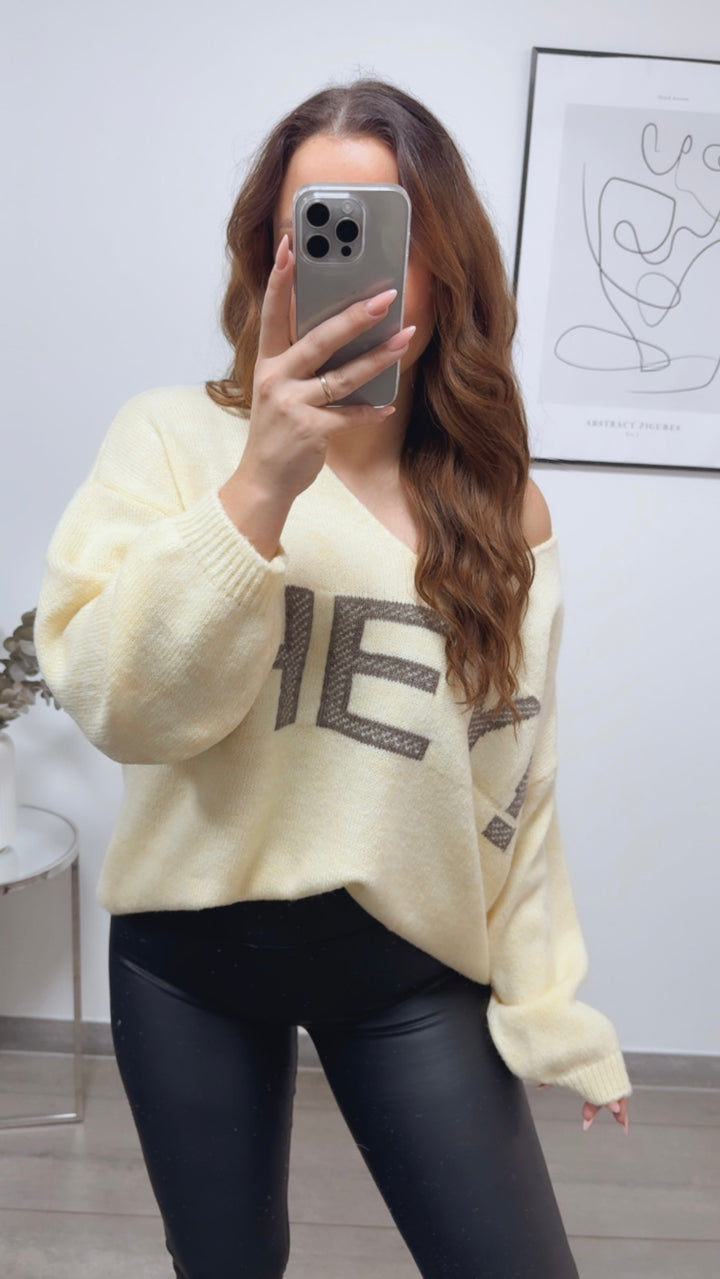 Strick Pullover " HEY ! " / soft gelb - taupe Art. 13150