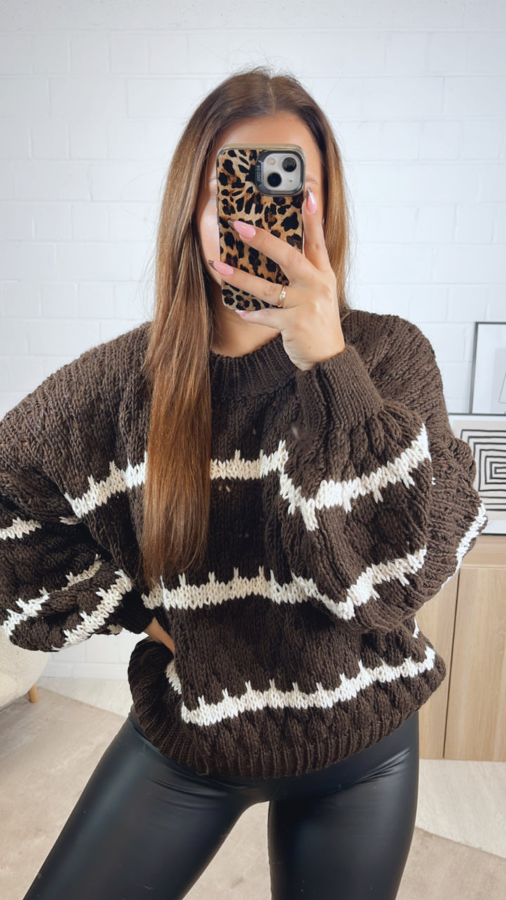 Pullover in ausgefallener Strickart / schoko braun - creme Art. 12805