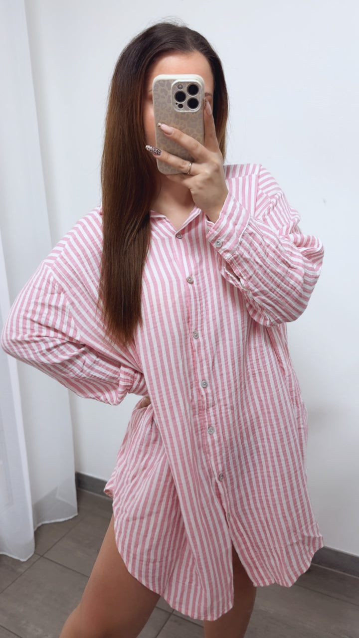 STREIFEN LANGE Musselin Bluse / rosa - weiss Art. 14297