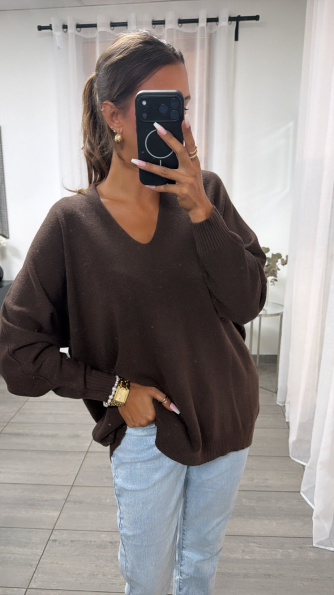 Viskose Mix Pullover mit V-Ausschnitt / braun Art. 16236